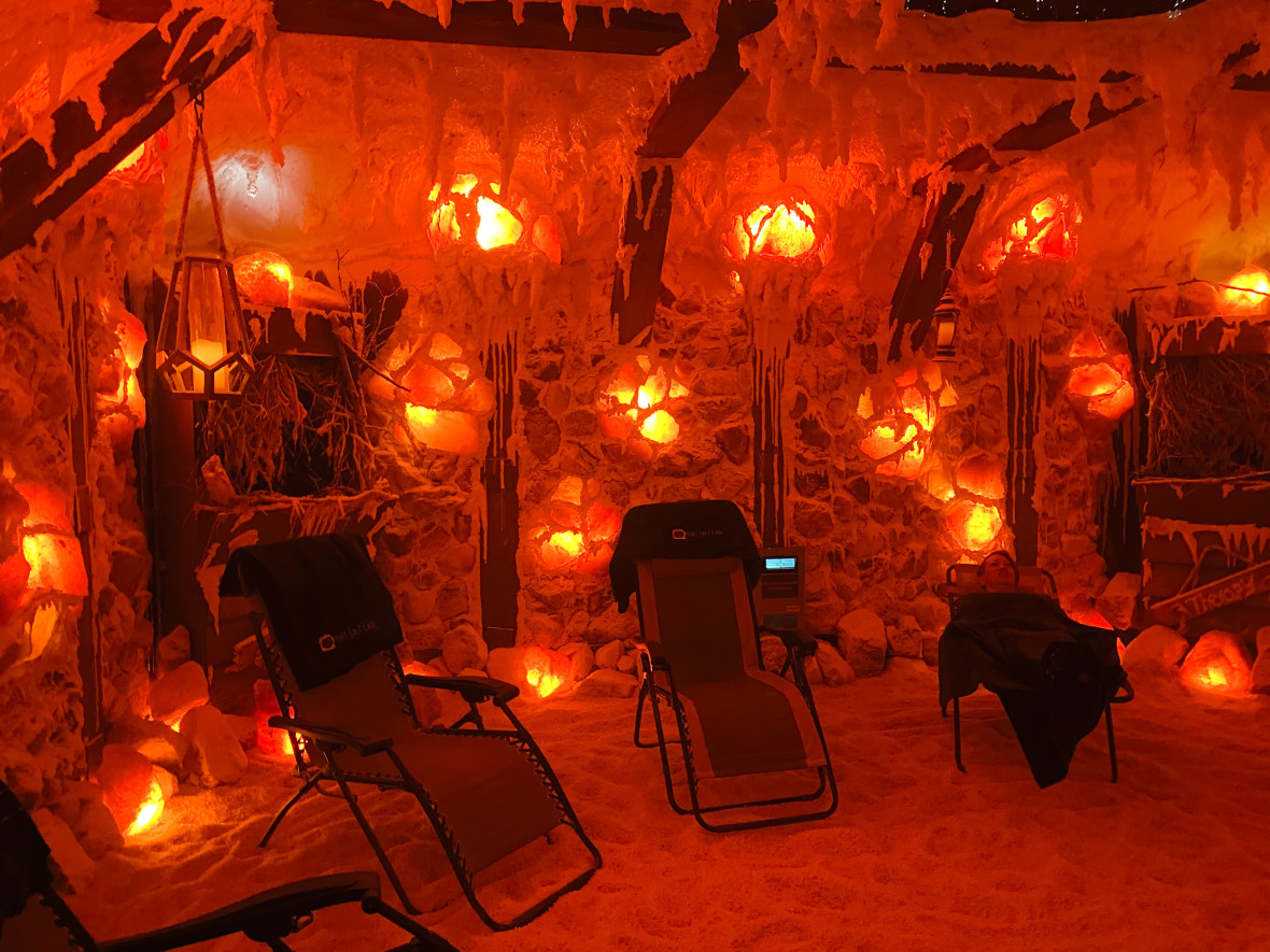 Interior of Port Salt Cave with anti-gravity chairs and soothing red lights