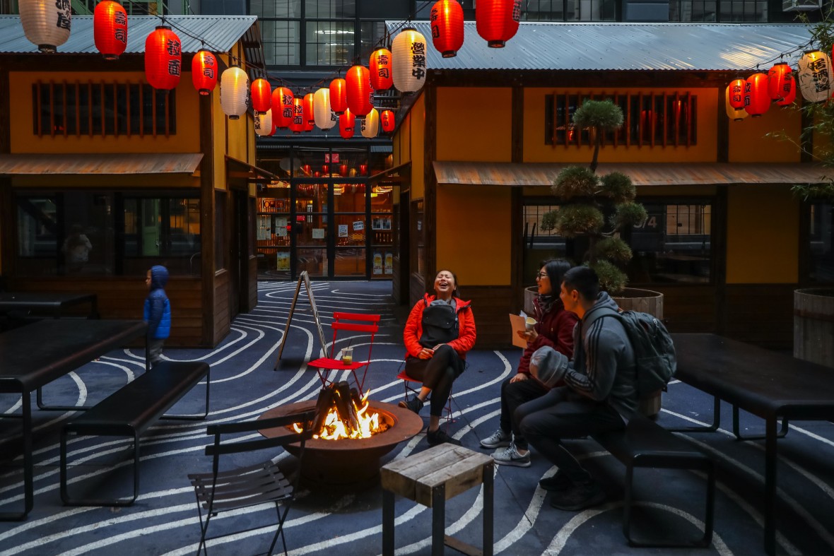 Fire pits blaze in each courtyard