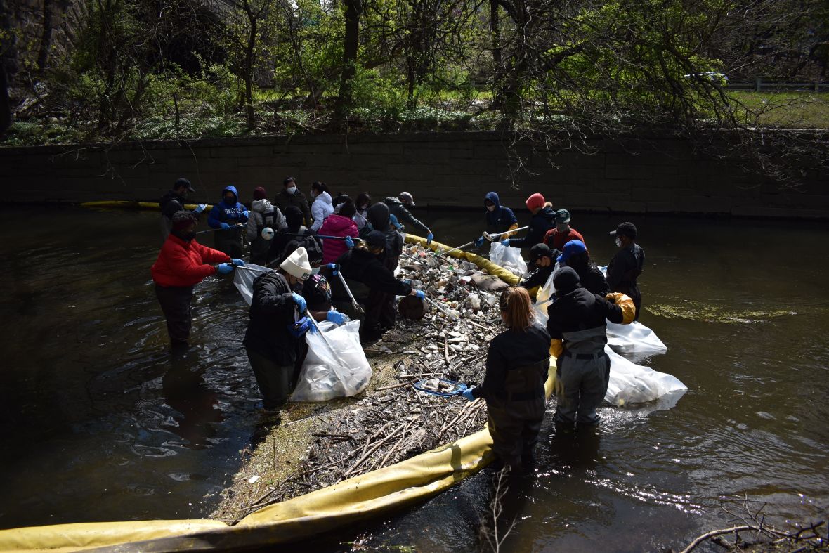 Volunteers cleaning up debris and trash from the Bronx River with the Bronx River Alliance