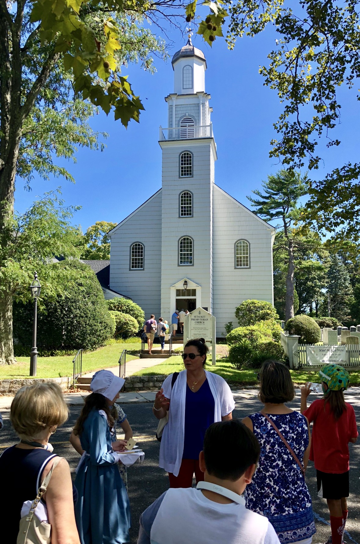 One of the Tri-Spy Tours in front of the Setauket Presbyterian Church