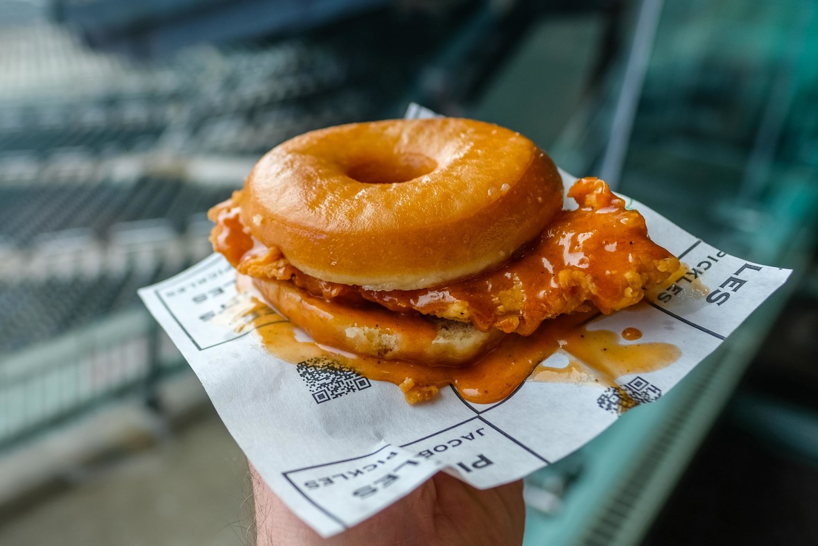 Fried Chicken Sandwich on Glazed Donut from Jacob's Pickles 