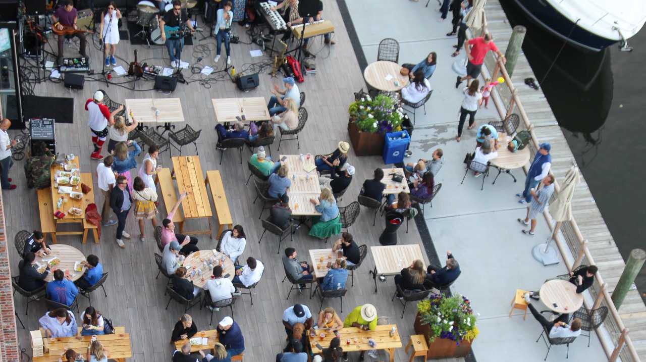 Overhead of the beer garden at Cisco Brewers in Stamford