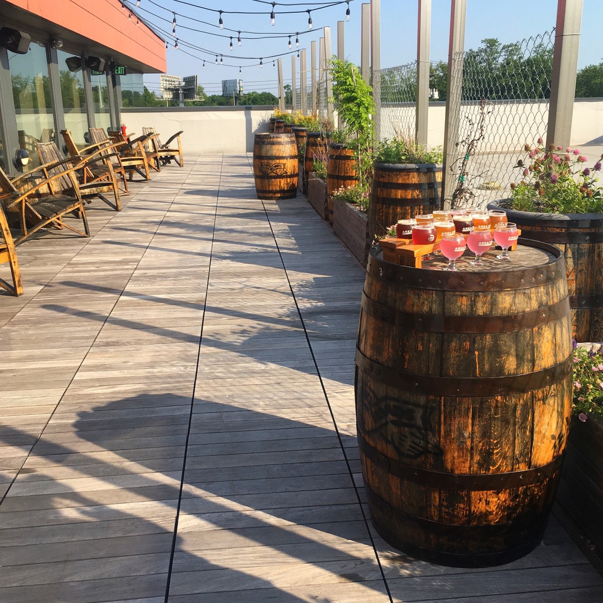 Rooftop outdoor dining space at Two Roads Brewery