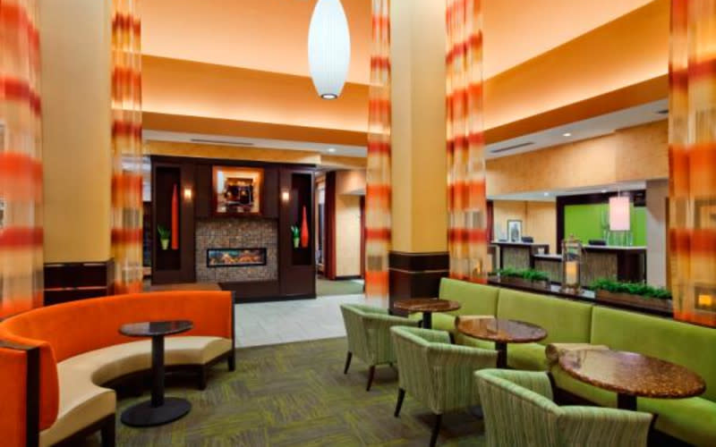 The colorful lobby of the Hilton Garden Inn Stony Brook