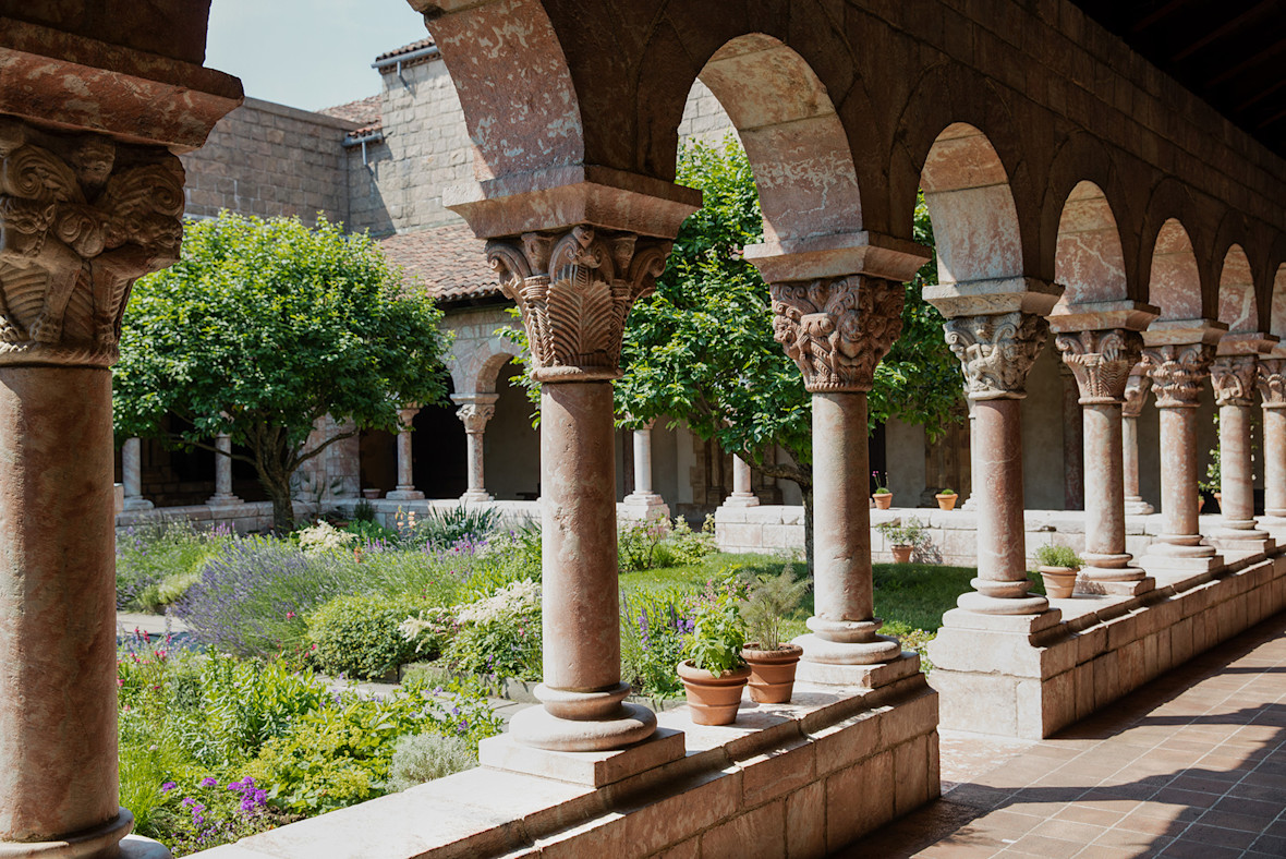 Corner view of garden courtyard at the Met Cloisters in NYC