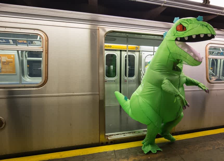 T-Rex exiting a subway car