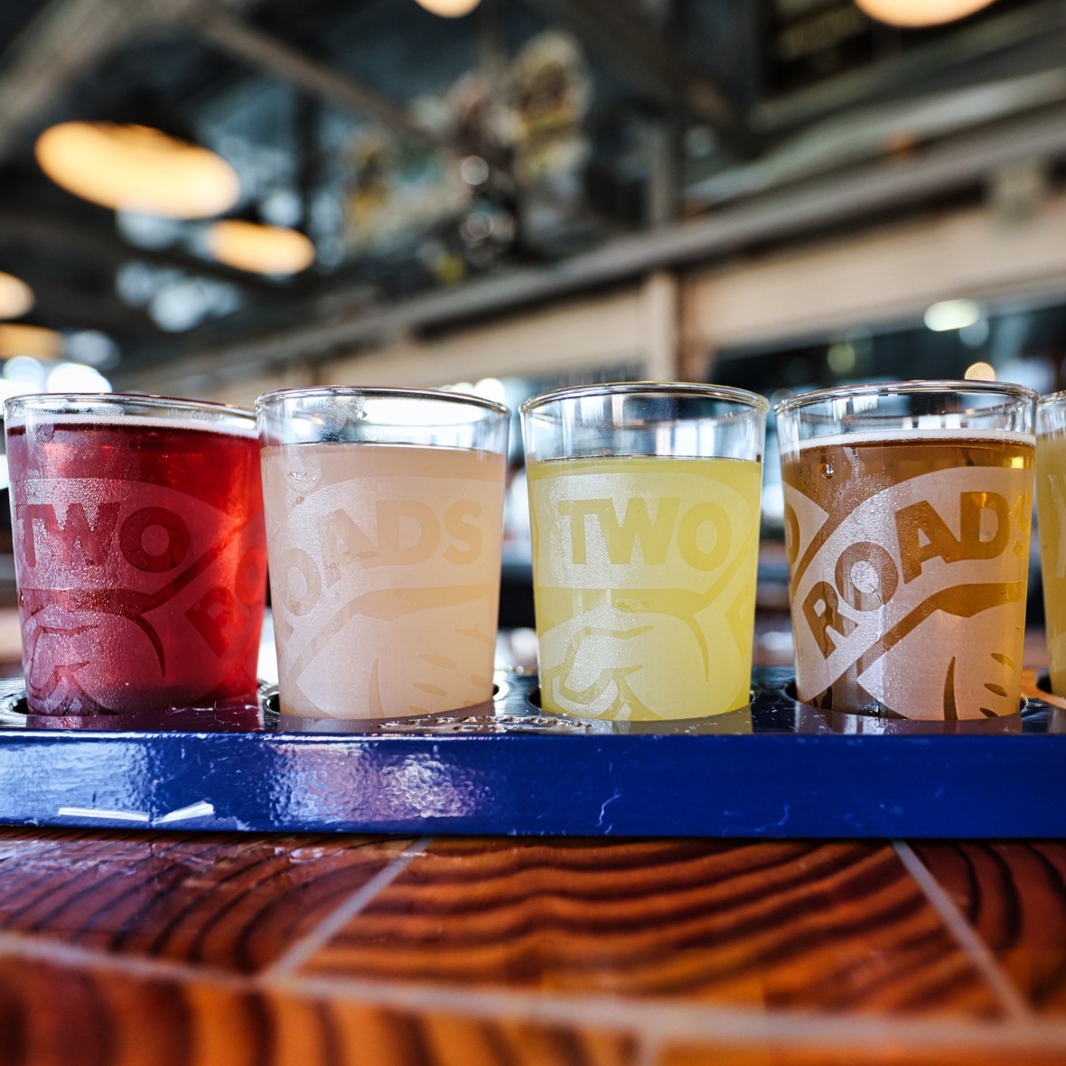 A flight of beers at Two Roads Brewery