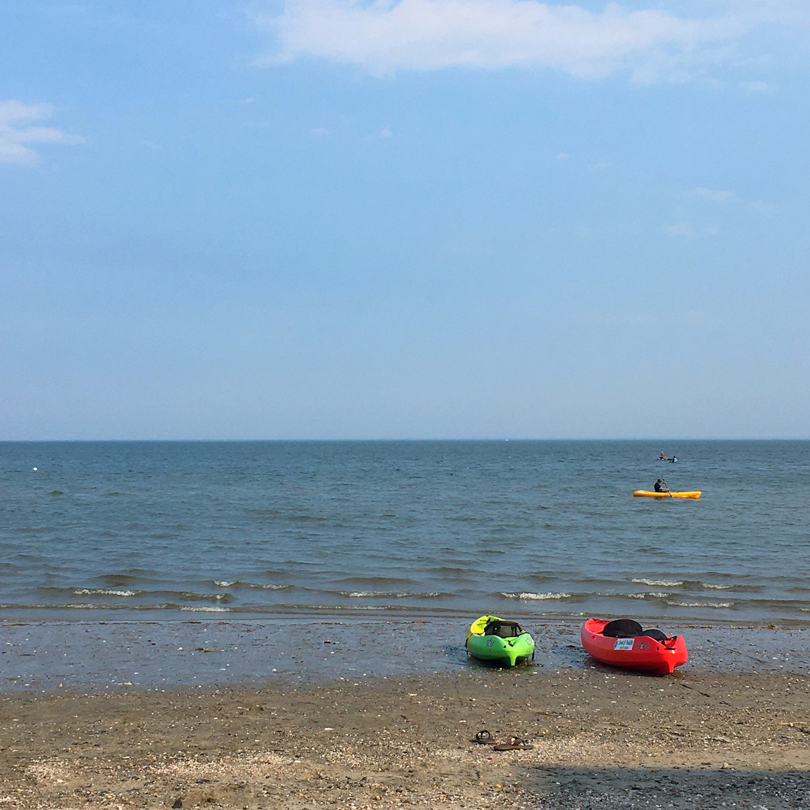 Two kayaks from Scoot & Paddle at shoreline