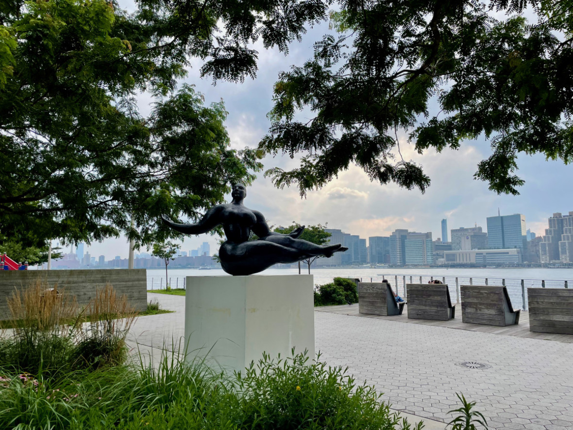 Sculpture of woman at Gantry Plaza State Park overlooking East River