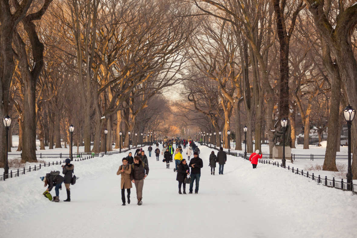 People strolling down a snowy pathway in NYC's Central Park; Photo by Tagger Yancey IV