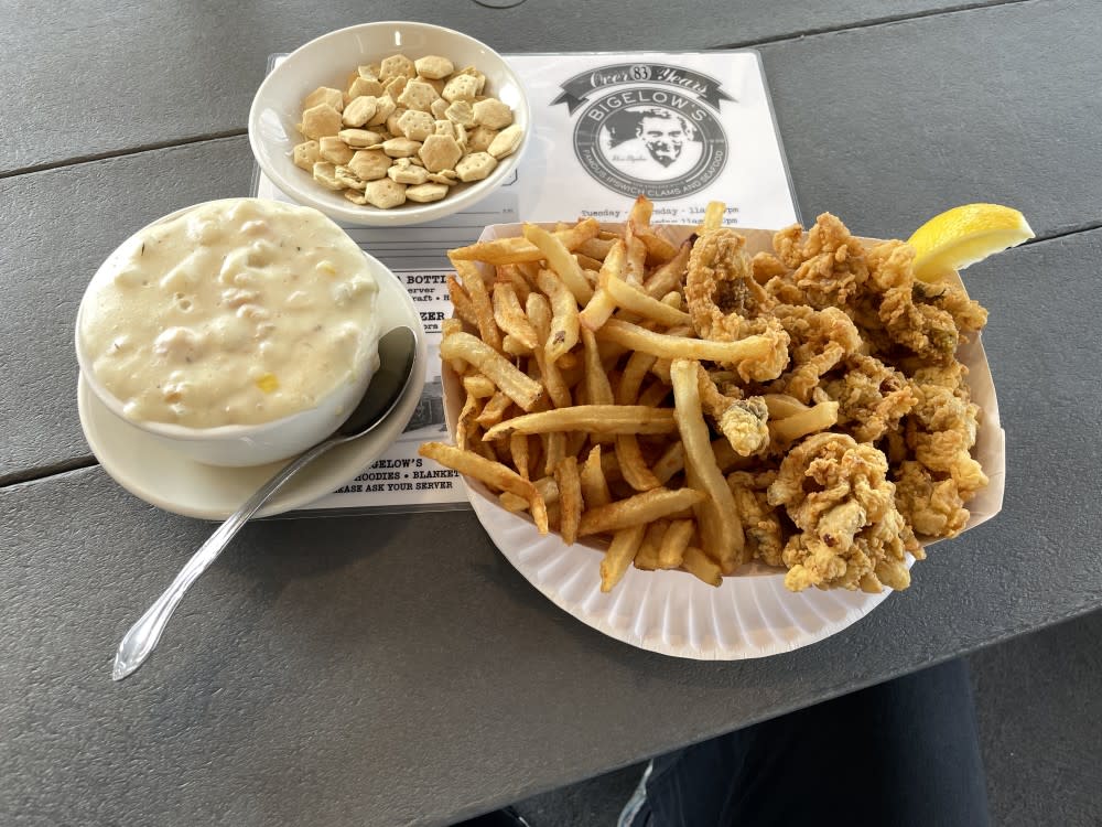 Fried clams and fries with a side of New England Clam Chowder at Bigelows in Rockville Center