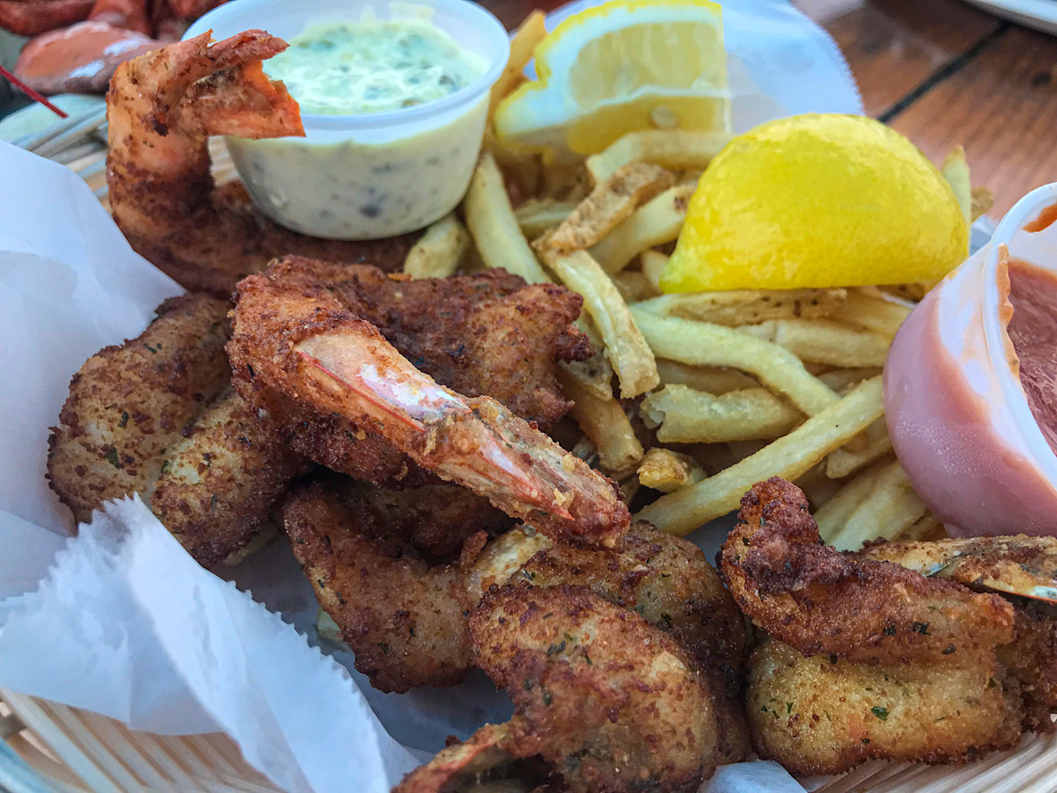 Fried shrimp and french fries in a basket from Bracco's in Freeport