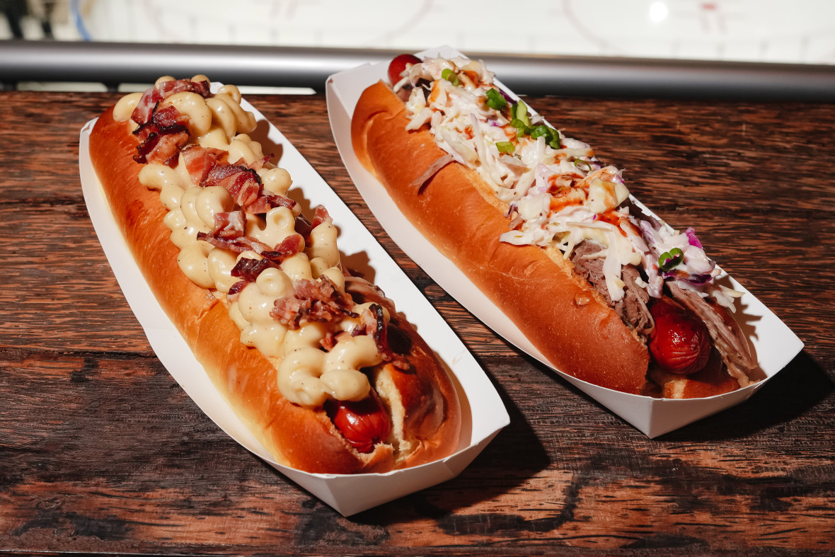 Foot long hot dogs with toppings 