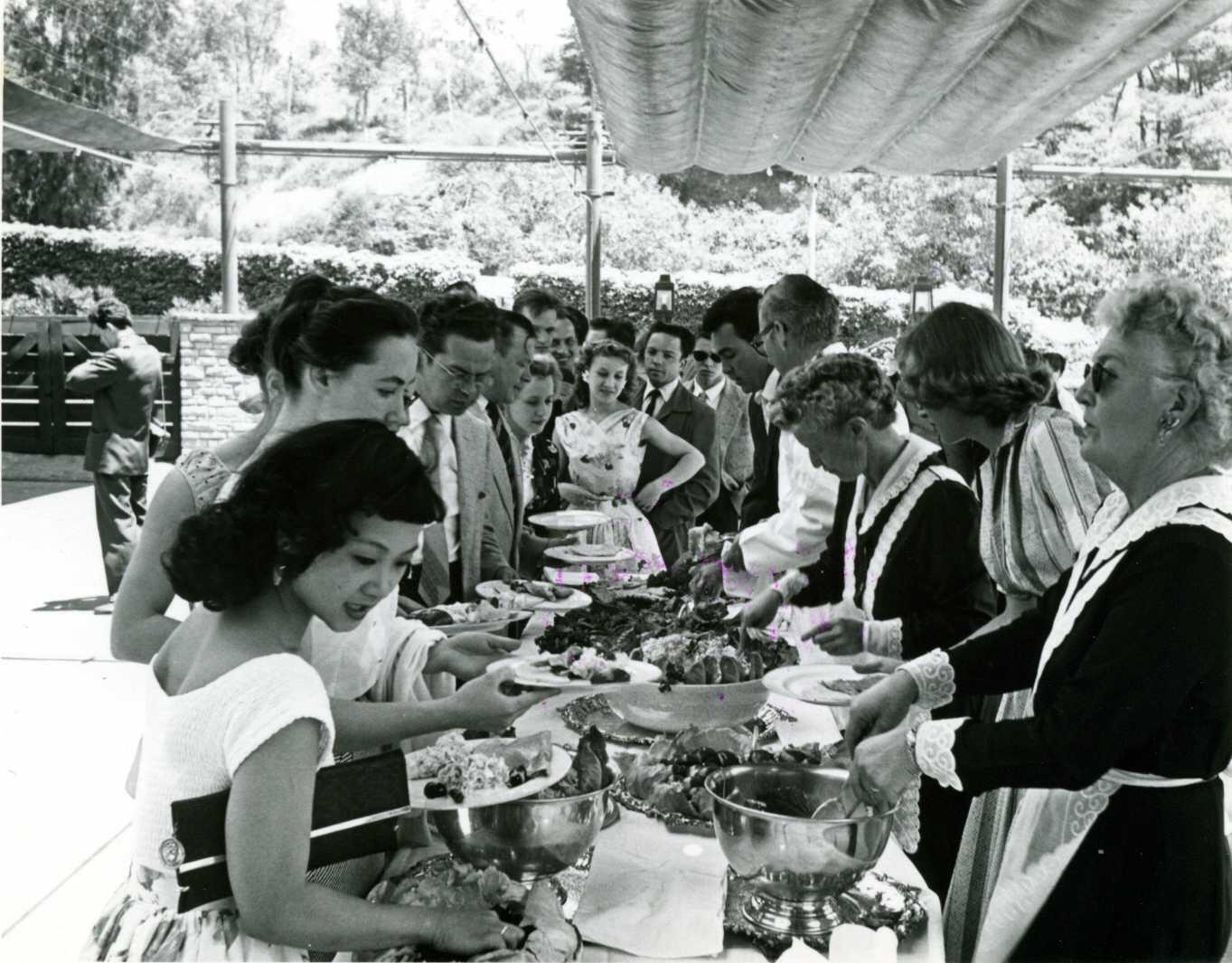 Diners in the buffet line on the Tea Room Patio of  the Hollywood Bowl, circa 1957