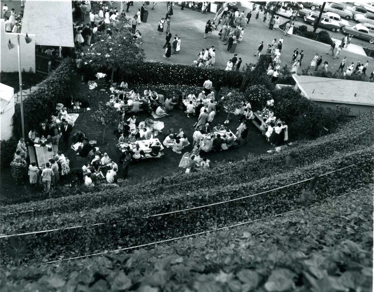 View of picnickers from above at the Hollywood Bowl, circa 1957.