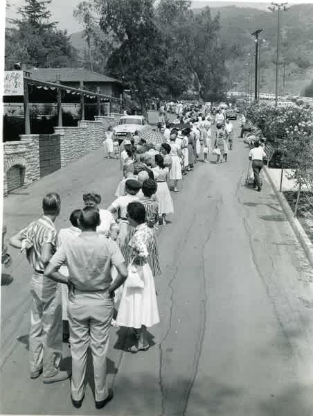 Waiting in line for Russian Music and Dance Festival tickets (uphill view) at Hollywood Bowl.  July 29, 1959