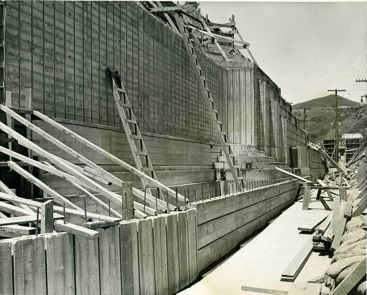 The Muse of Music fountain complex under construction, 1940
