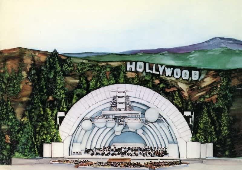 Artist depiction of the Hollywood Bowl shell and the Hollywood hills sign, circa 1980s.