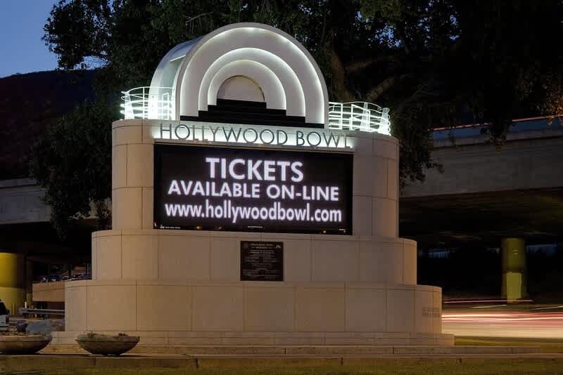 The Hollywood Bowl’s electronic marquee at dusk
