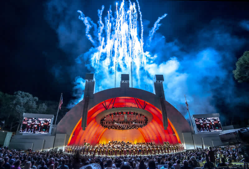 Fireworks and smoke above the Bowl’s shell