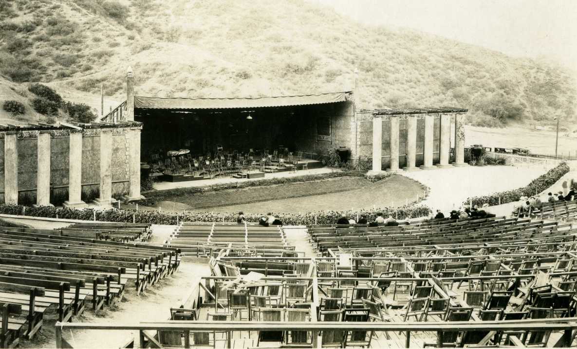 The Hollywood Bowl’s stage in the pre-shell era, flanked by Greek-style columns, 1923.