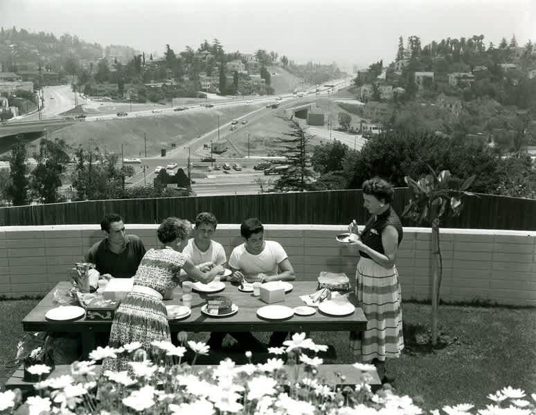 Picnic overlooking the new freeways, circa 1950s.