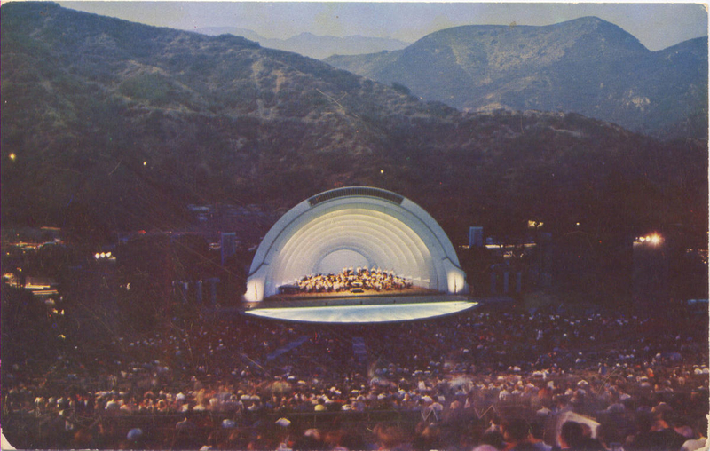The Bowl’s shell and lights are reflected in the pool circle, ca. 1960