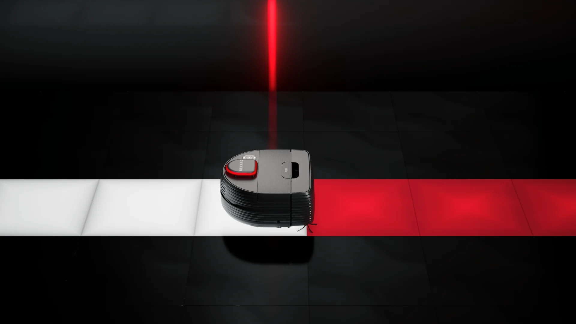 a black nexaro vacuum cleaner robot in a top view on a tiled red, white and black floor 