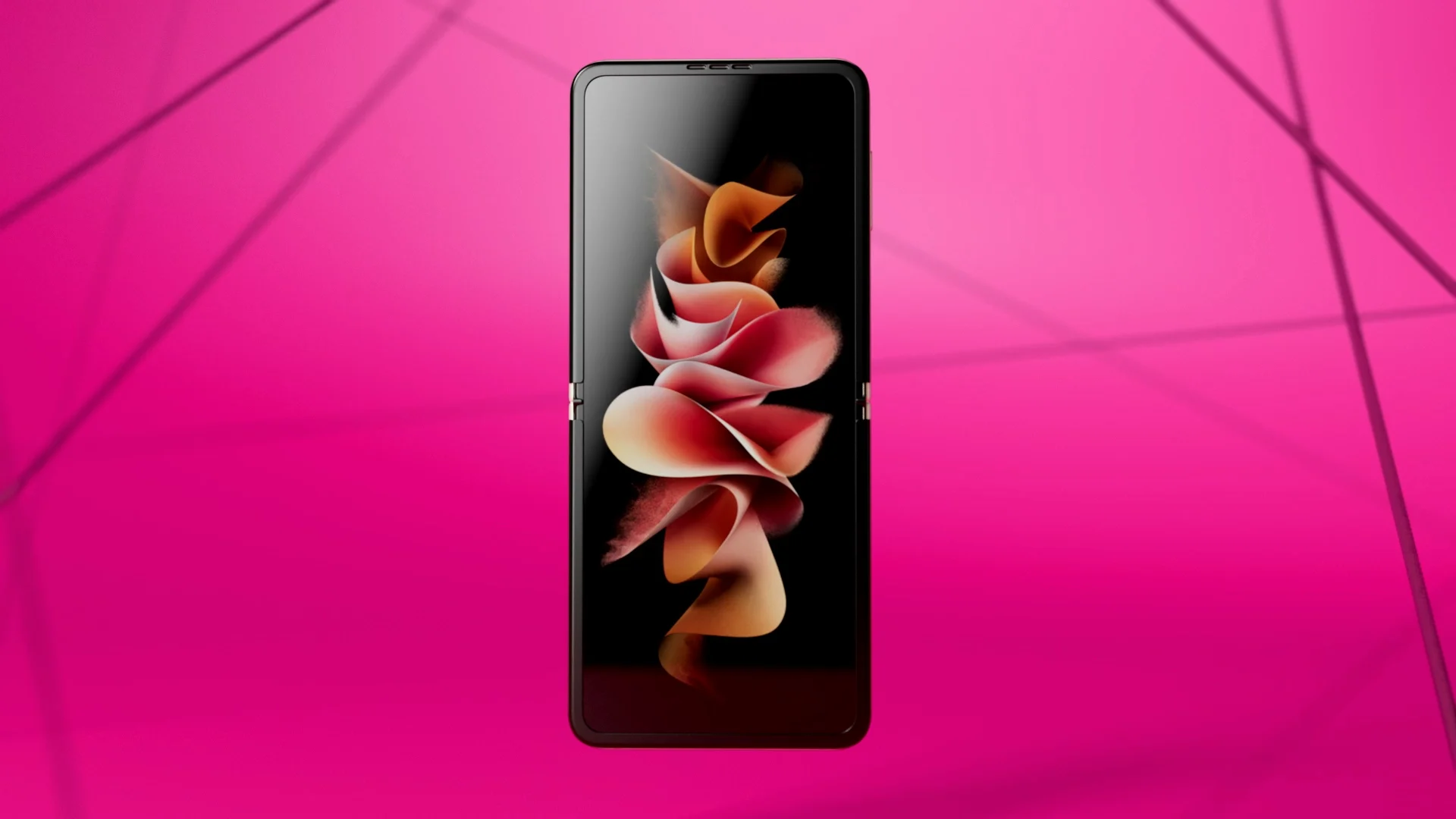 samsung smart phone with beautiful screen saver in front of an abstract magenta room