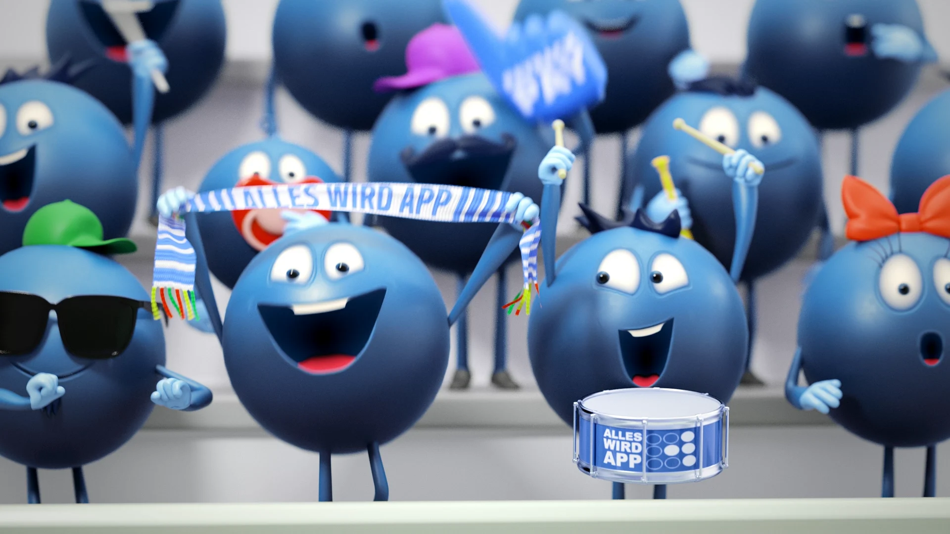 several blue 3d characters with different accessoires smiling and performing like they are on the stands of a stadium