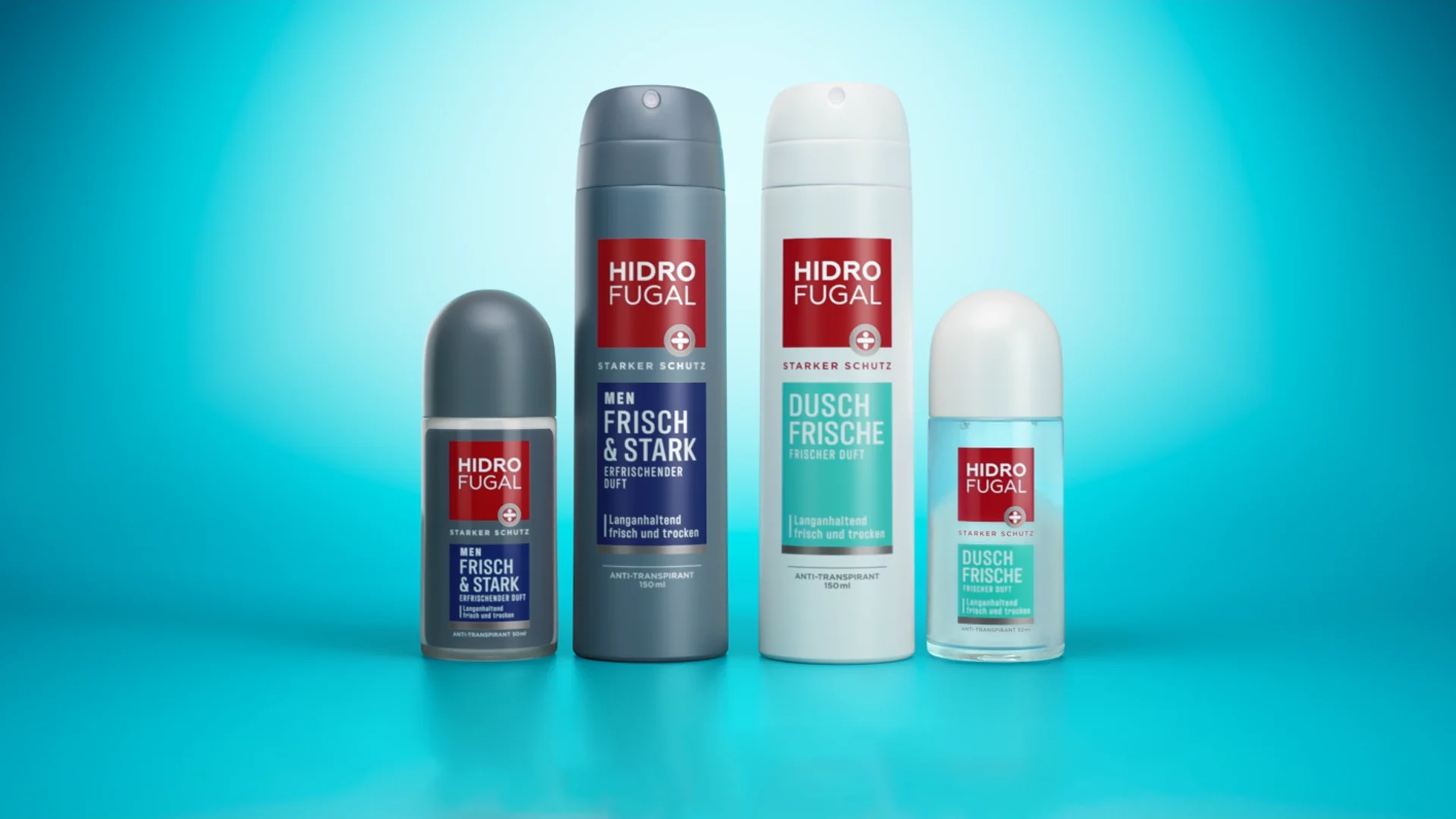hidrofugal packshot consiting out of a woman aerosol and roll-on on the right side and a men aerosol and roll-on on the left side. all in an undefined blue room in front of a white backlight