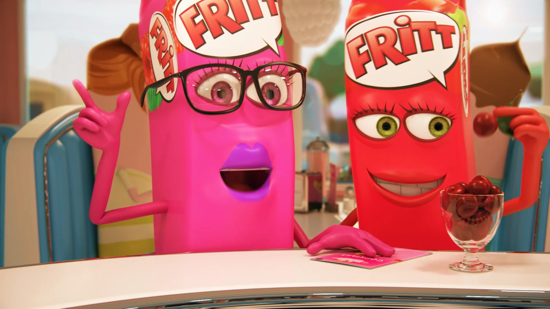 scene takes place in a bar where two differently colored Fritt-shaped packshot characters are talking to someone while one of them is eating cherries