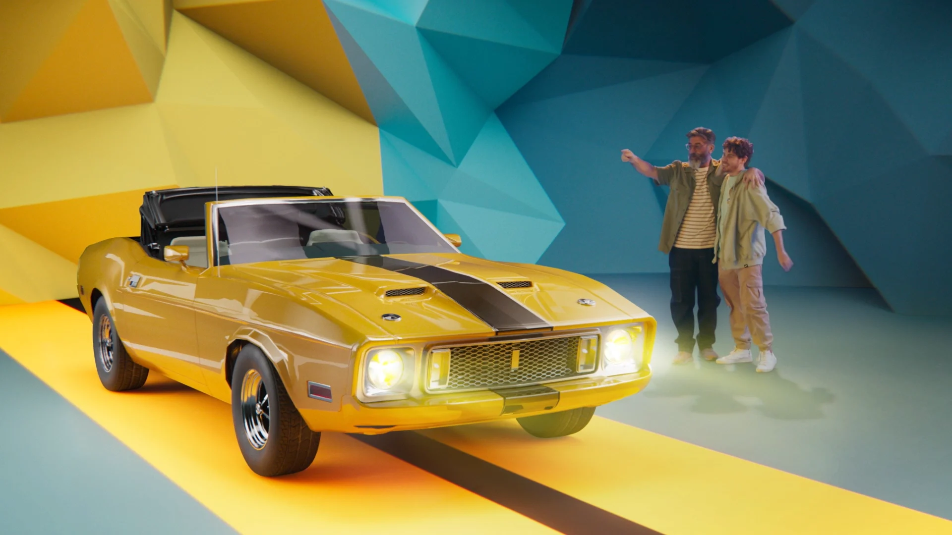a yellow ford mustang cabrio in a virtual room with yellow and turquoise polygone walls next to a man with his son.