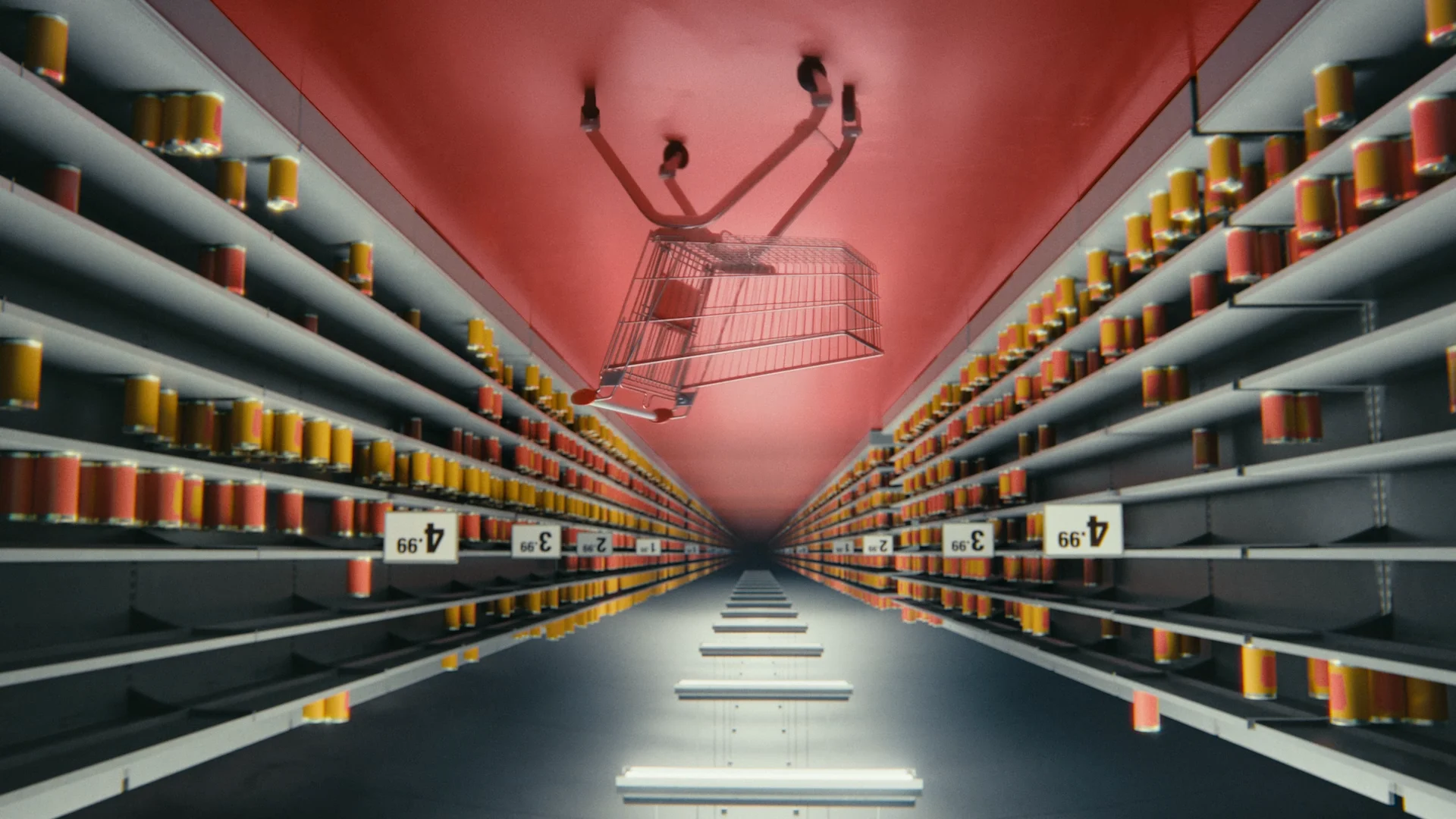 a shopping venture between two shelves in which there are red and orange cans and price tags. the wohle picture is upside down