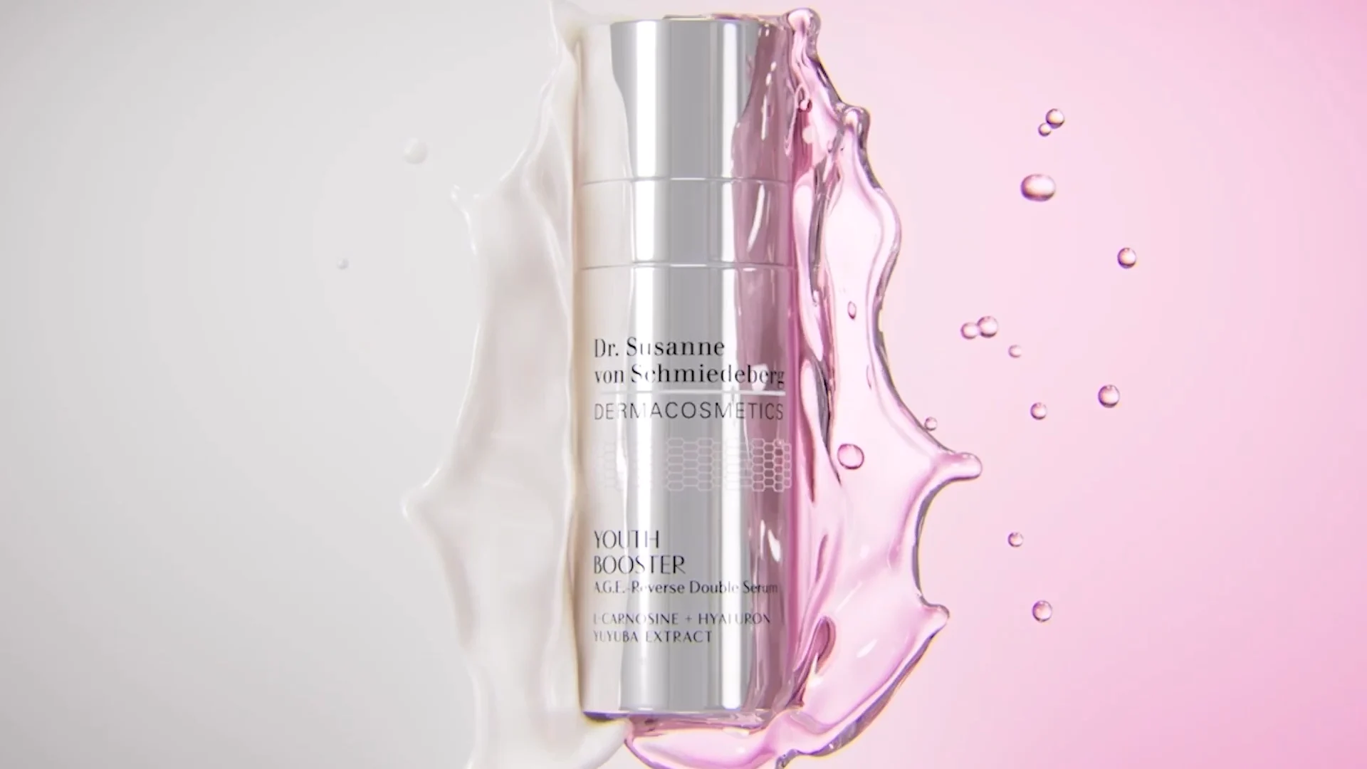 a silver derma cosmetic youth booster serum botte coming out of two liquids which are split in the middle. on the right side there is a transparent magenta liquid and on the left side a milky white liquid