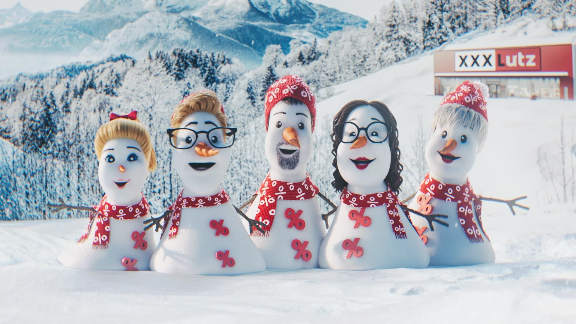 we see 5 human-like snowmen/women in a winter landscape in front of a xxxlutz furniture store