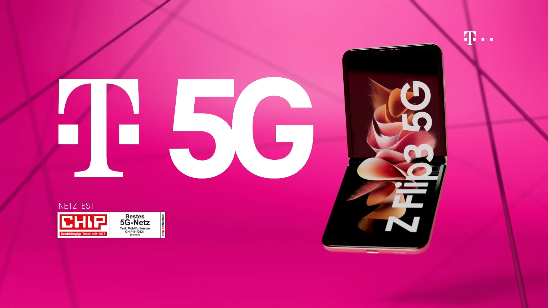 Samsung ZFlip3 5G in front of an abstract magenta room on the right side and the T5G Logo on the left side