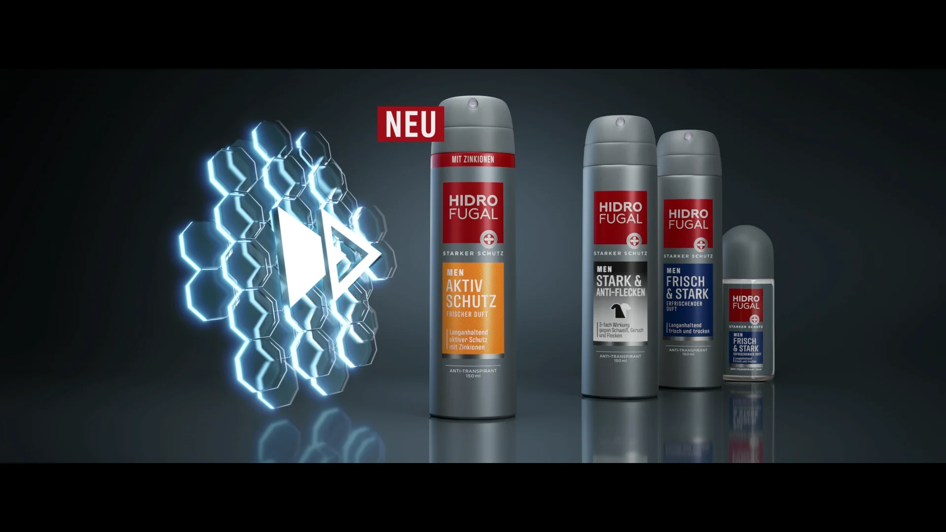 a hidrofugal men packshot containing one hero pack in the middle and three other products on the right side. on the left side there is a call to action button consiting out of a transparent blue honeycomb structure