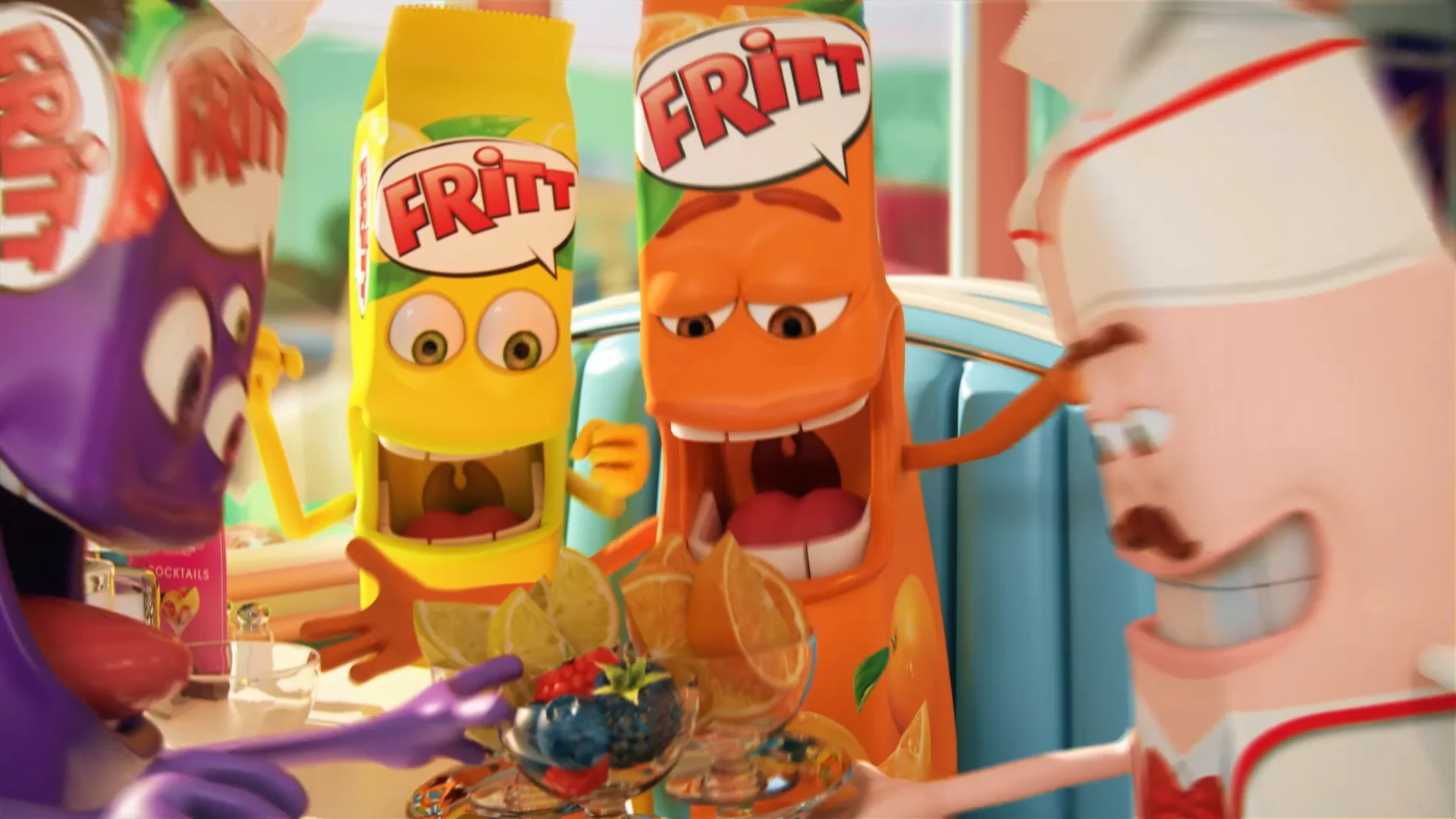 three different colored Fritt-shaped packshot characters are getting served a peel of fruits in a bar