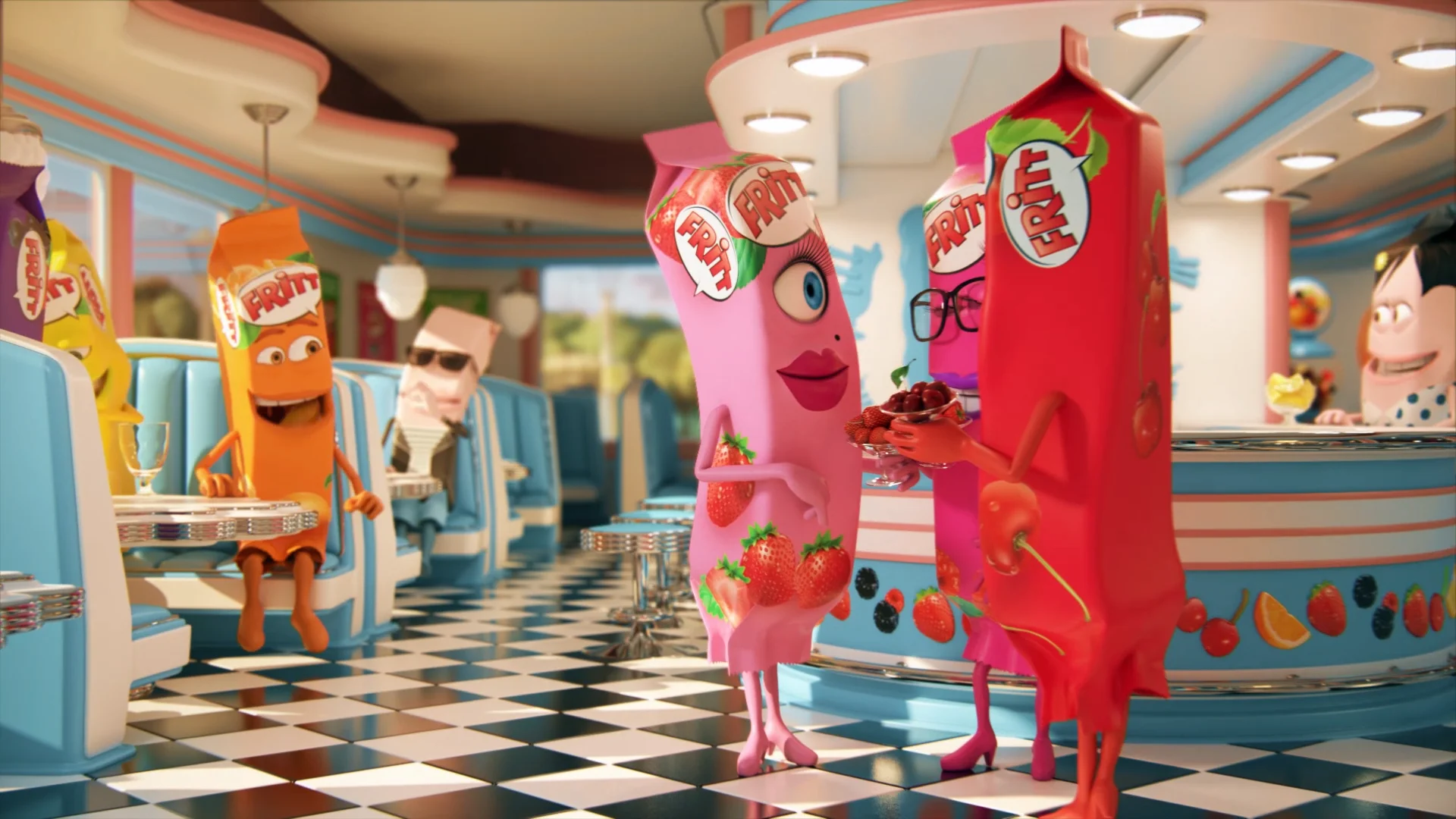 a wide shot of a cartoonish looking bar in which several fritt-shaped characters are having fun