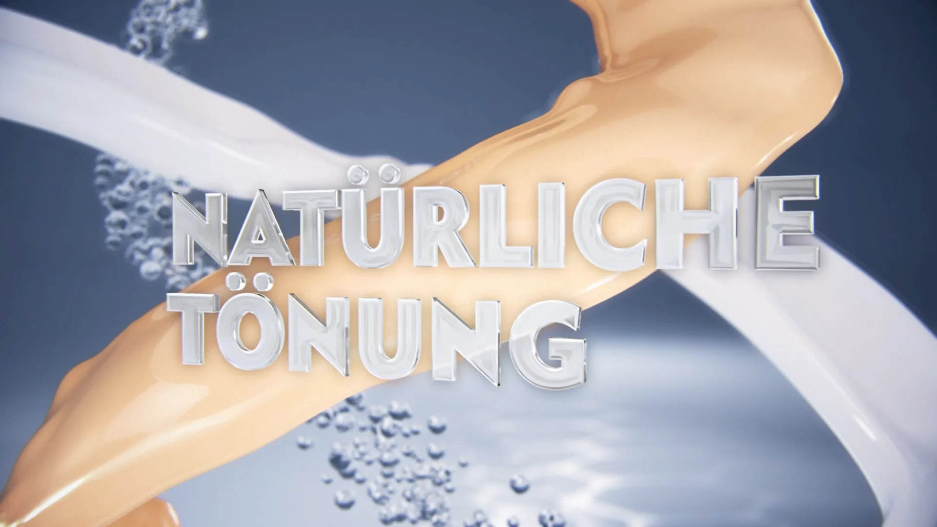close up of ingredients. a brown liquid, a white liquid and blueish bubbles behind the words NATÜRLICHE TÖNUNG