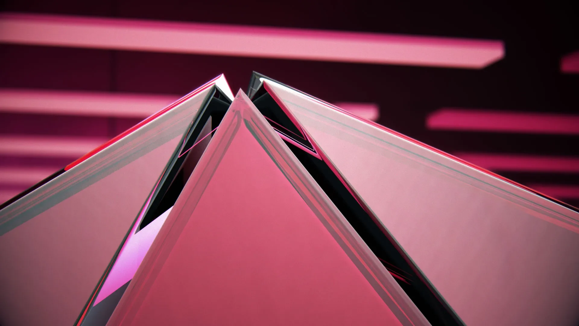 close up of a magenta sculpure consiting out of several polygones in front of a magenta abstract room