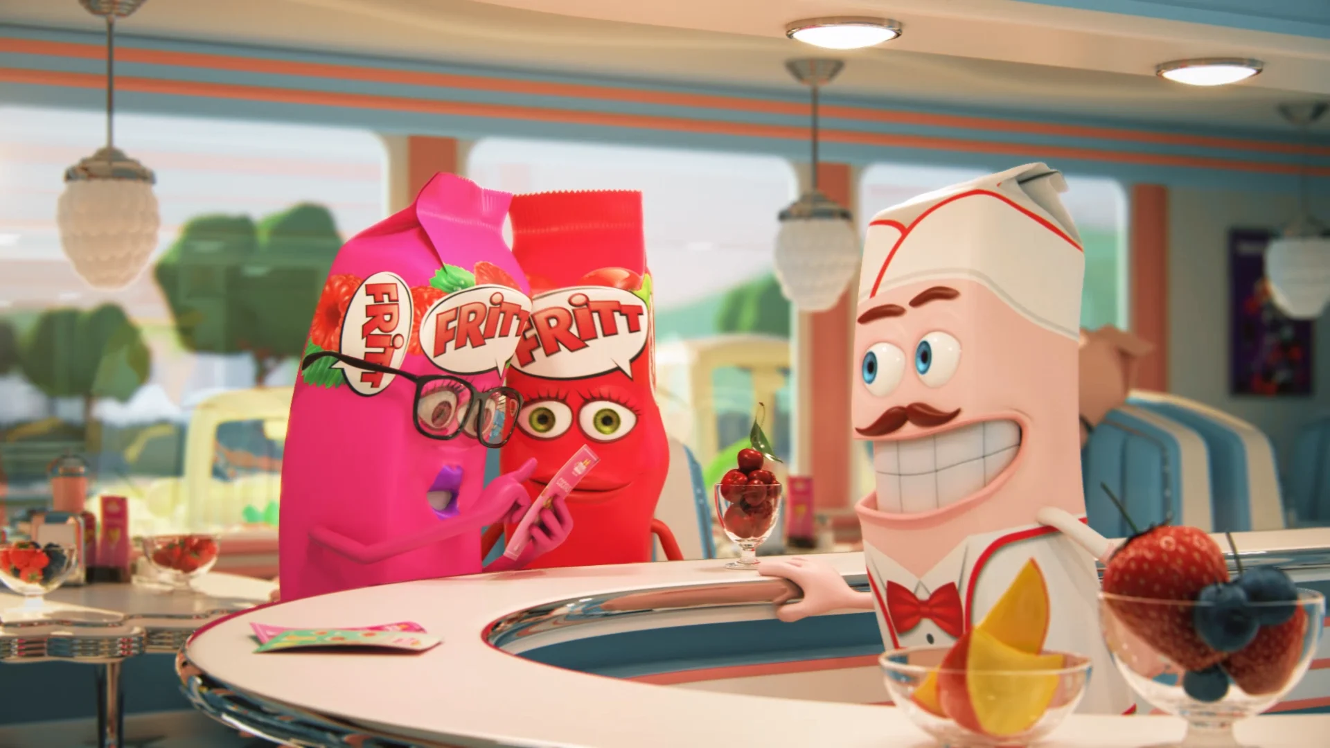 scene takes place in a bar where two differently colored Fritt-shaped packshot characters are talking to the bartender