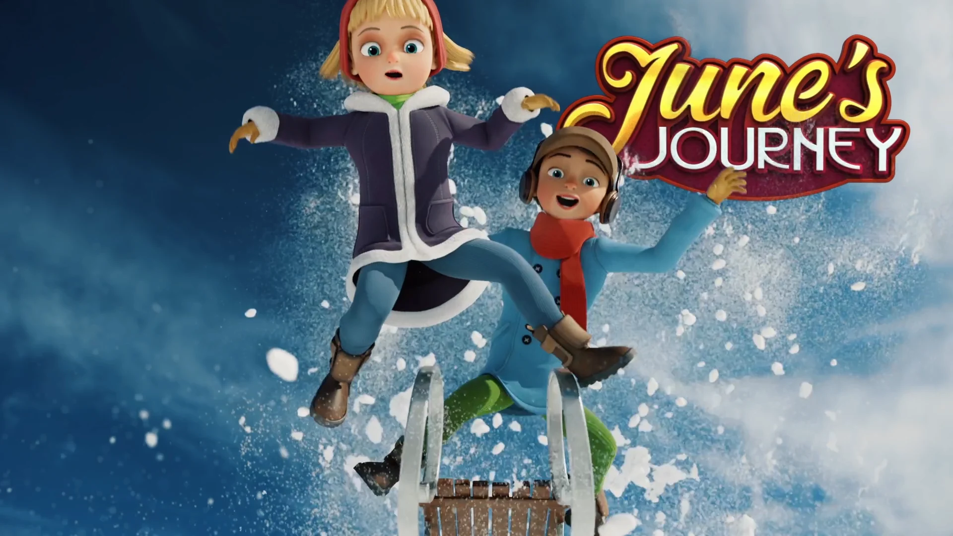 two cartoon characters (a boy and a girl) falling from a slegde after a jump. the Logo JUNE'S JOURNEY is written next to them