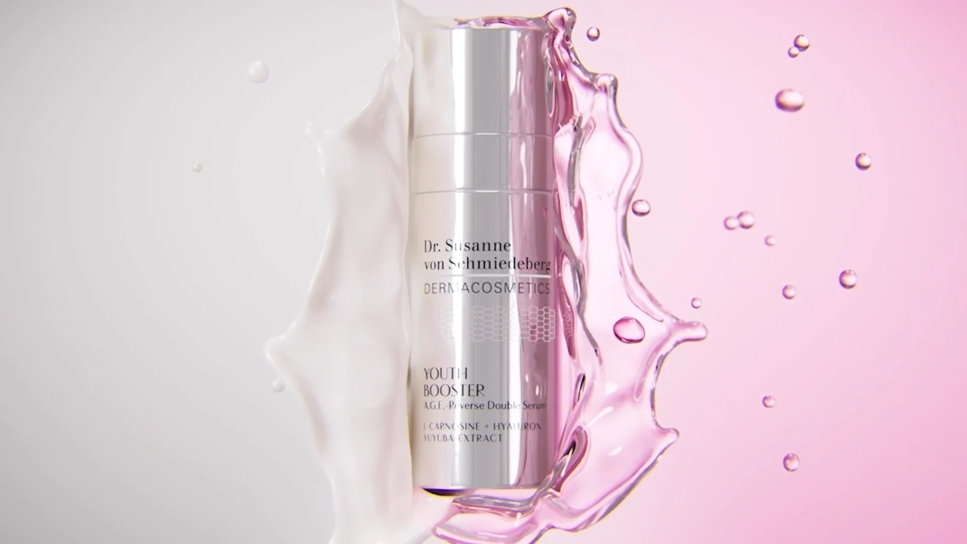 a silver derma cosmetic youth booster serum botte coming out of two liquids which are split in the middle. on the right side there is a transparent magenta liquid and on the left side a milky white liquid
