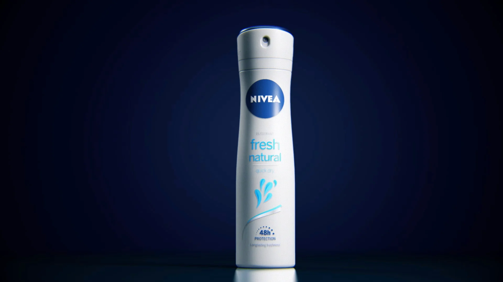 nivea fresh natural packshot. white aerosol bottle in front of dark blue background