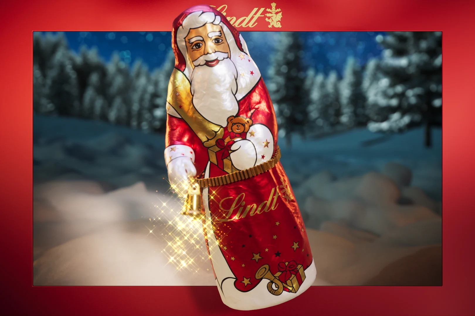 we see a chocolate Santa Claus coming out of a picture with a red frame