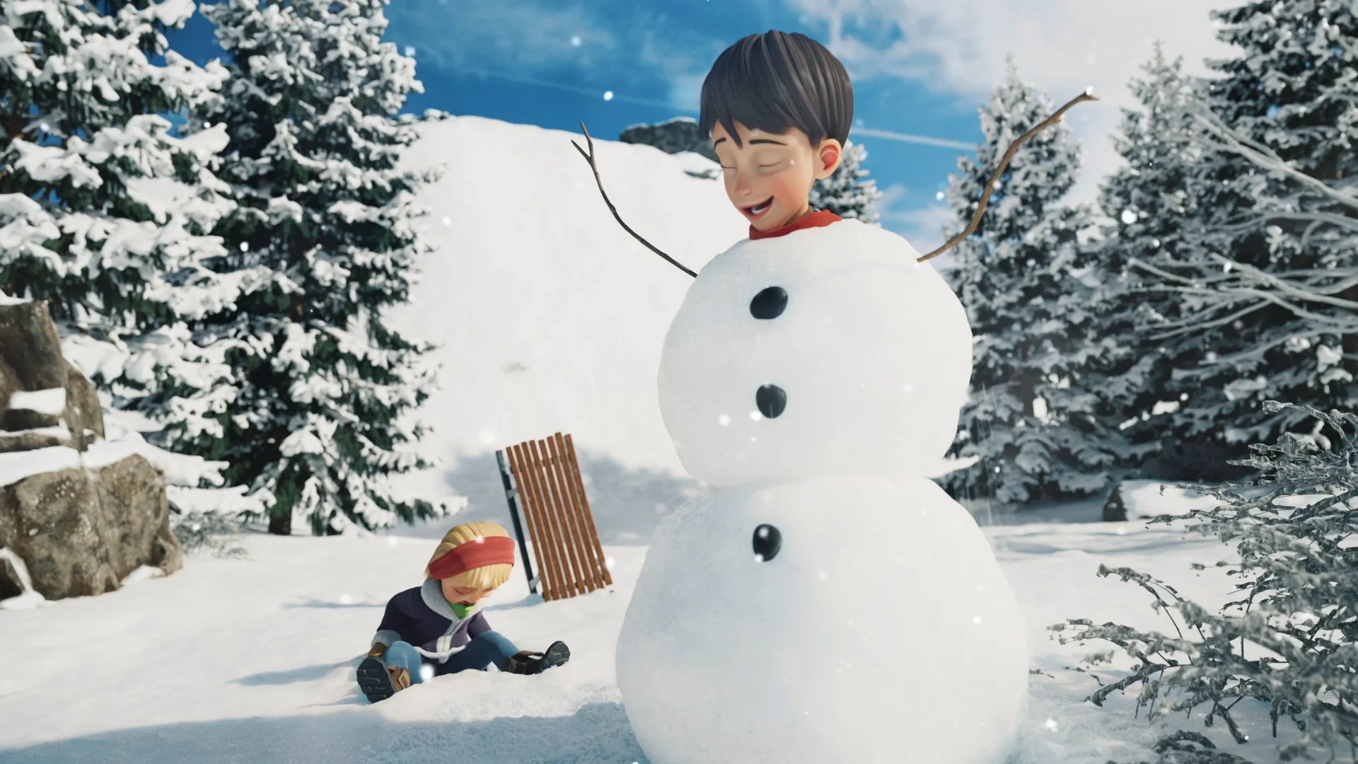 a boy with brown hair stucked in a snowman so only his head is visible. a blond girl in the background just fallen down of a sledge. all in a wintery landscape with a lot of snow. 
