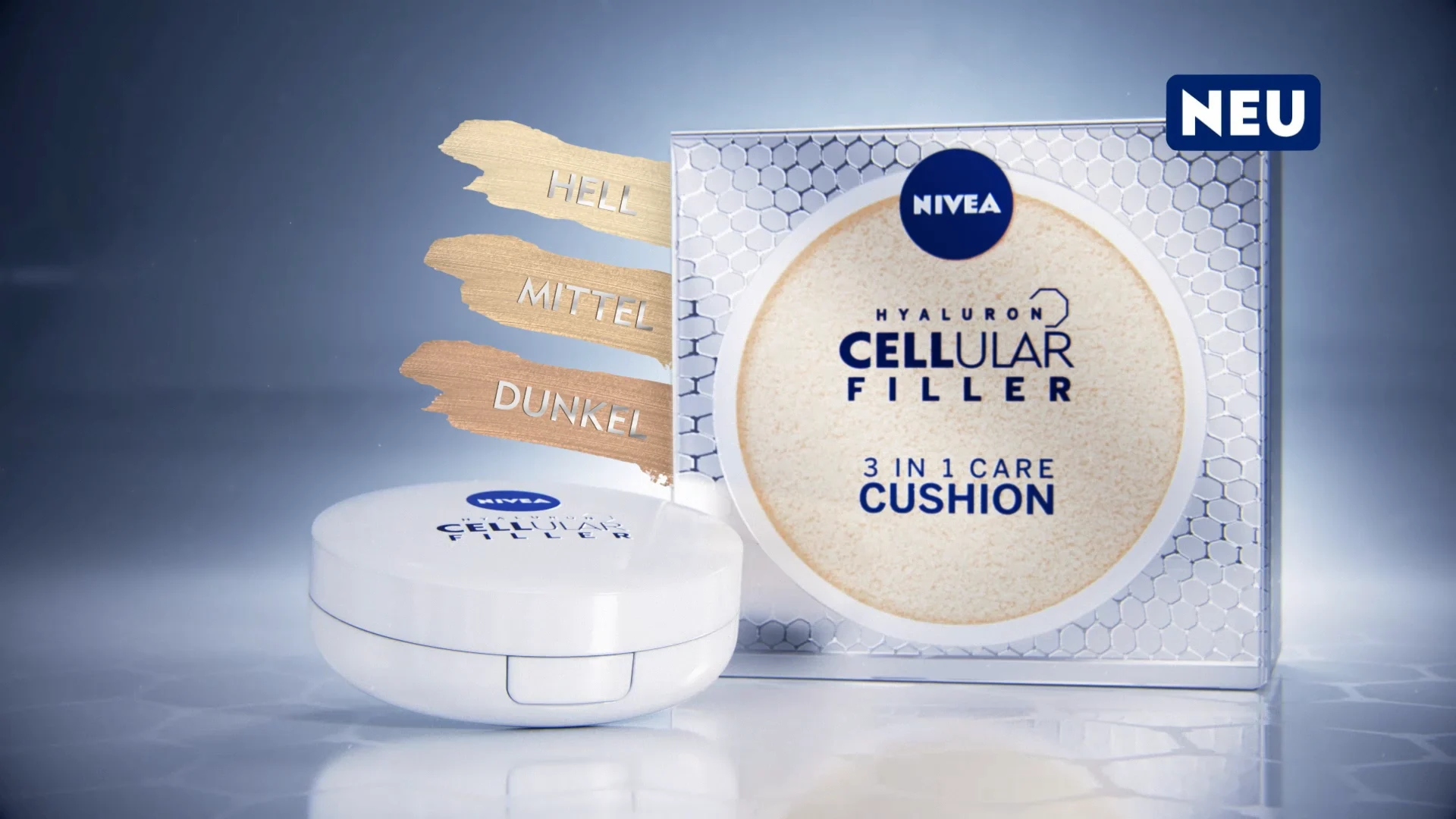 a closed nivea make up packshot next to the its associated folding box in front of an undefined background. behind the folding box there are three colored bars with the words HELL, MITTEL and DUNKEL on it