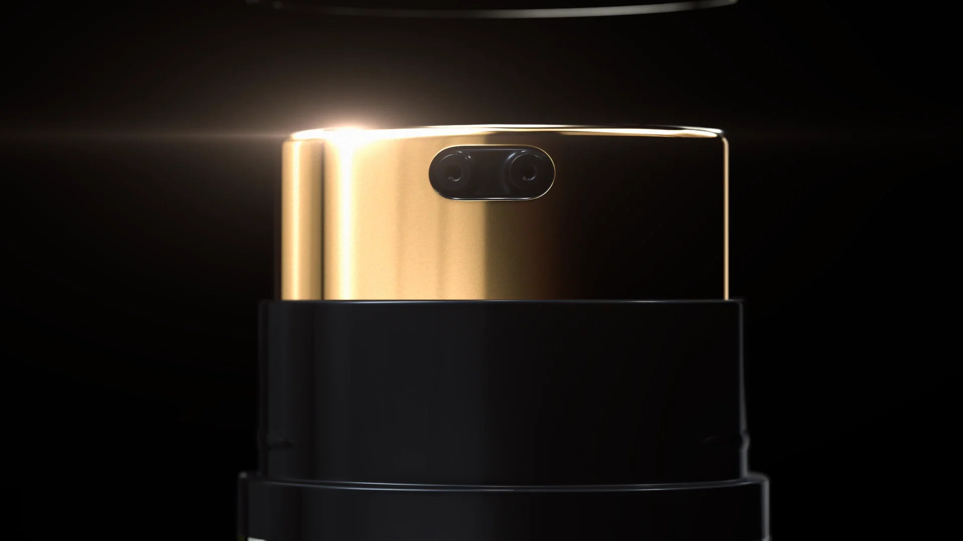 head and nozzle of a packshot bottle in front of a black background. the head of the bottle is golden and reflectes a light golden lensflare